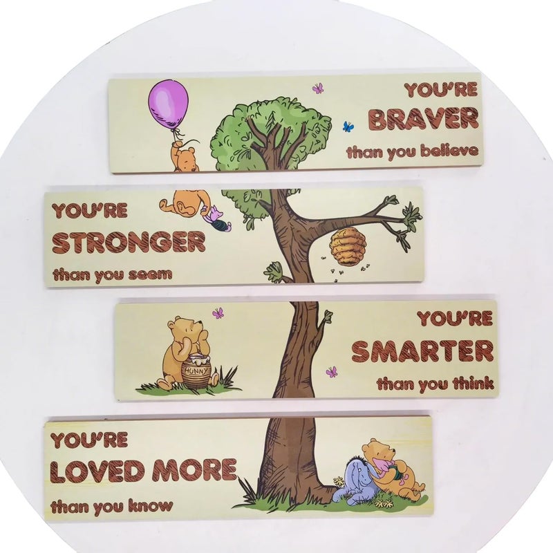 PAMBO Winnie Bear Baby Shower Decorations, 4-Panel Wooden Nursery Decor Room Inspirational Wall Art, Motivational Quote Signs - Image 5